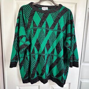 Vintage 80s 90s Women Plus 2X Green Black Geometric Knit Sparkle Holiday Sweater